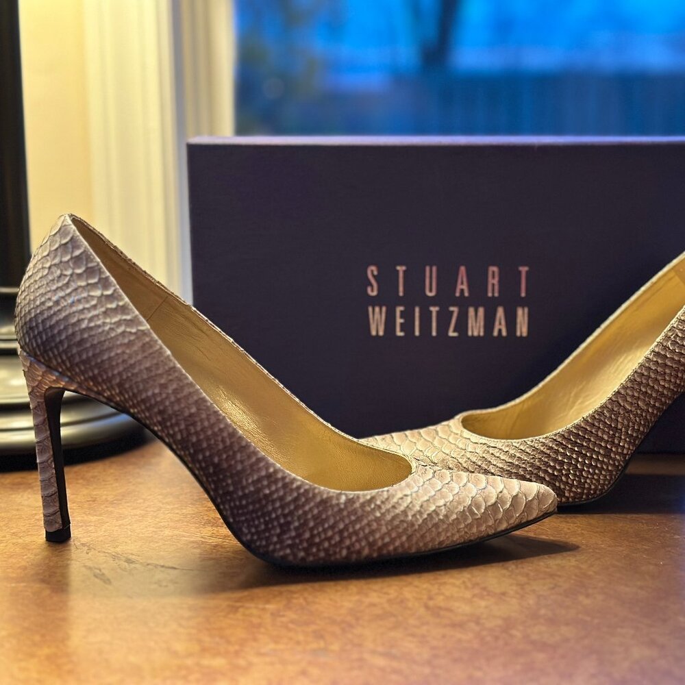 Stuart Weitzman Taupe Tipped Python Heist Heels S… - image 4